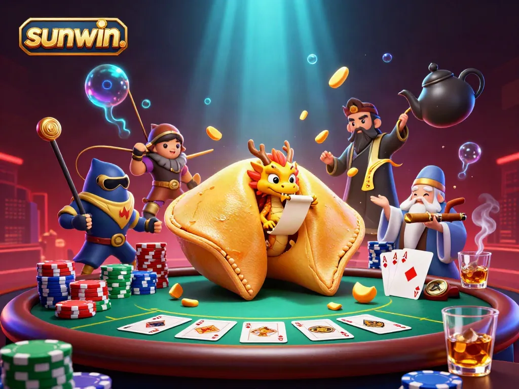 Experience the dynamic action of sunwin. with a golden fortune cookie and a wise dragon in a vibrant casino scene.