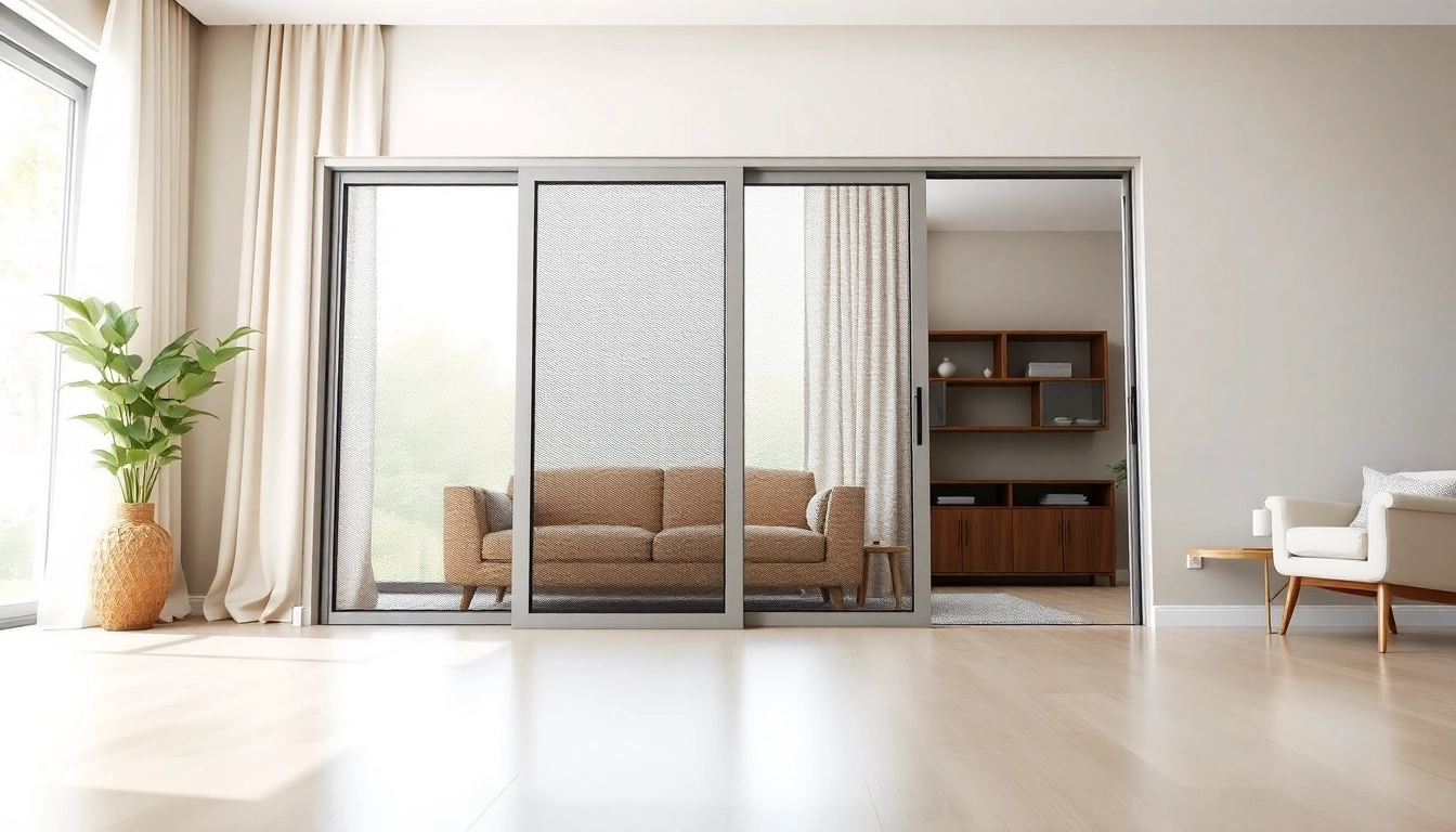 Perfecte hordeur op maat met strak design en transparante gaas in moderne woonkamer.