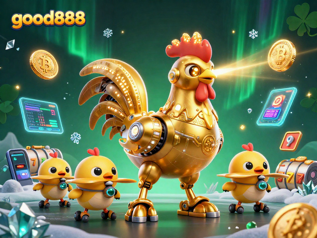 Experience the excitement of good888 with a dynamic gaming scene featuring a futuristic rooster robot and casino elements.