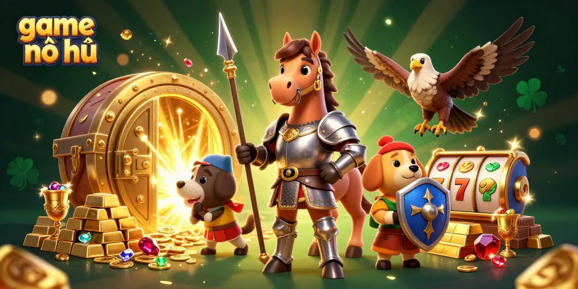 Cascading golden treasure and slot elements surround the knight and puppy in a vibrant game nổ hũ scene.