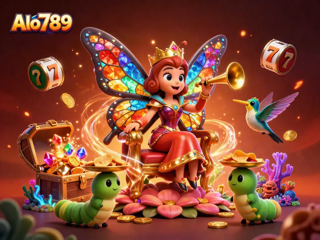 Alo789 showcases an enchanting casino scene with vivid animated characters and shimmering slot elements.