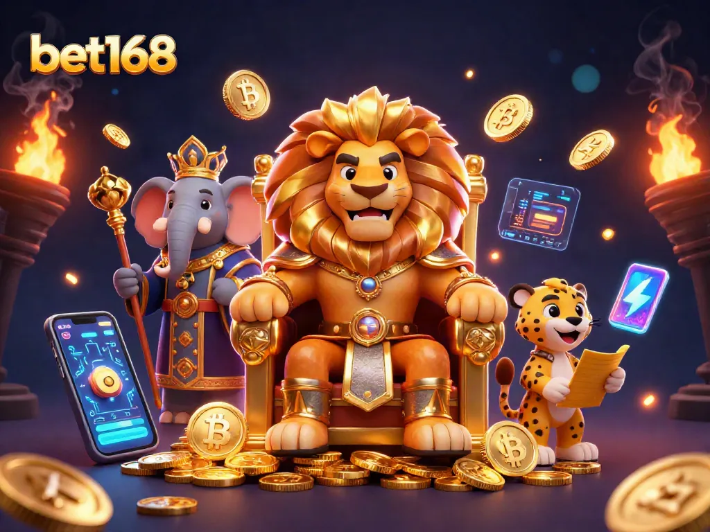 Engage with bet168 in an immersive casino world featuring a lion king and majestic elements.