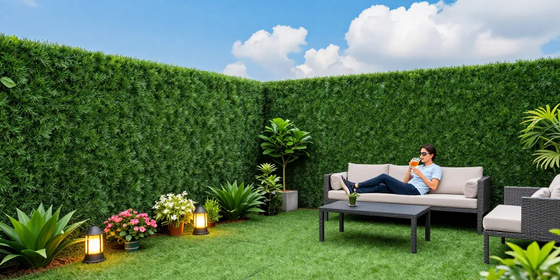 Leafely's prachtige buitenruimte verrijkt met levendige kunstheggen en decoratieve planten.