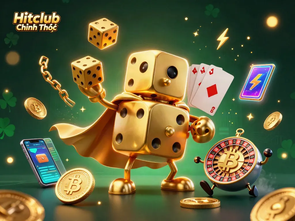 Engage in thrilling gameplay at Hitclub Chính Thức, featuring vibrant 3D characters and cryptocurrency elements in a dynamic casino environment.