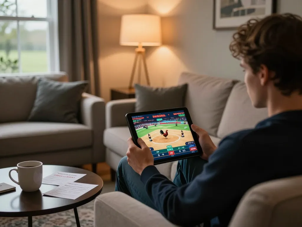 Experience trực tiếp đá gà with a live-streamed match on a tablet in a cozy home setting