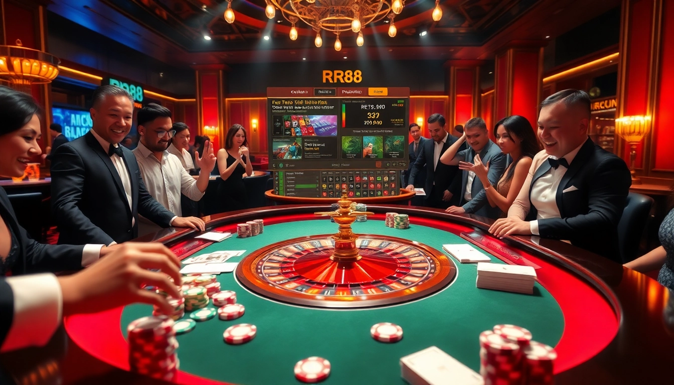RR88 players enjoying an exciting roulette game in a luxurious casino setting.