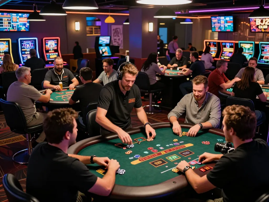 B52 CLUB gaming lounge with players engaged in dynamic table games, vibrant atmosphere.