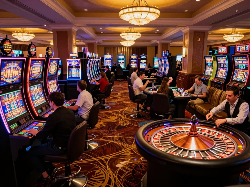 Players engaging with slots at CO88 casino, surrounded by vibrant lights and chips.