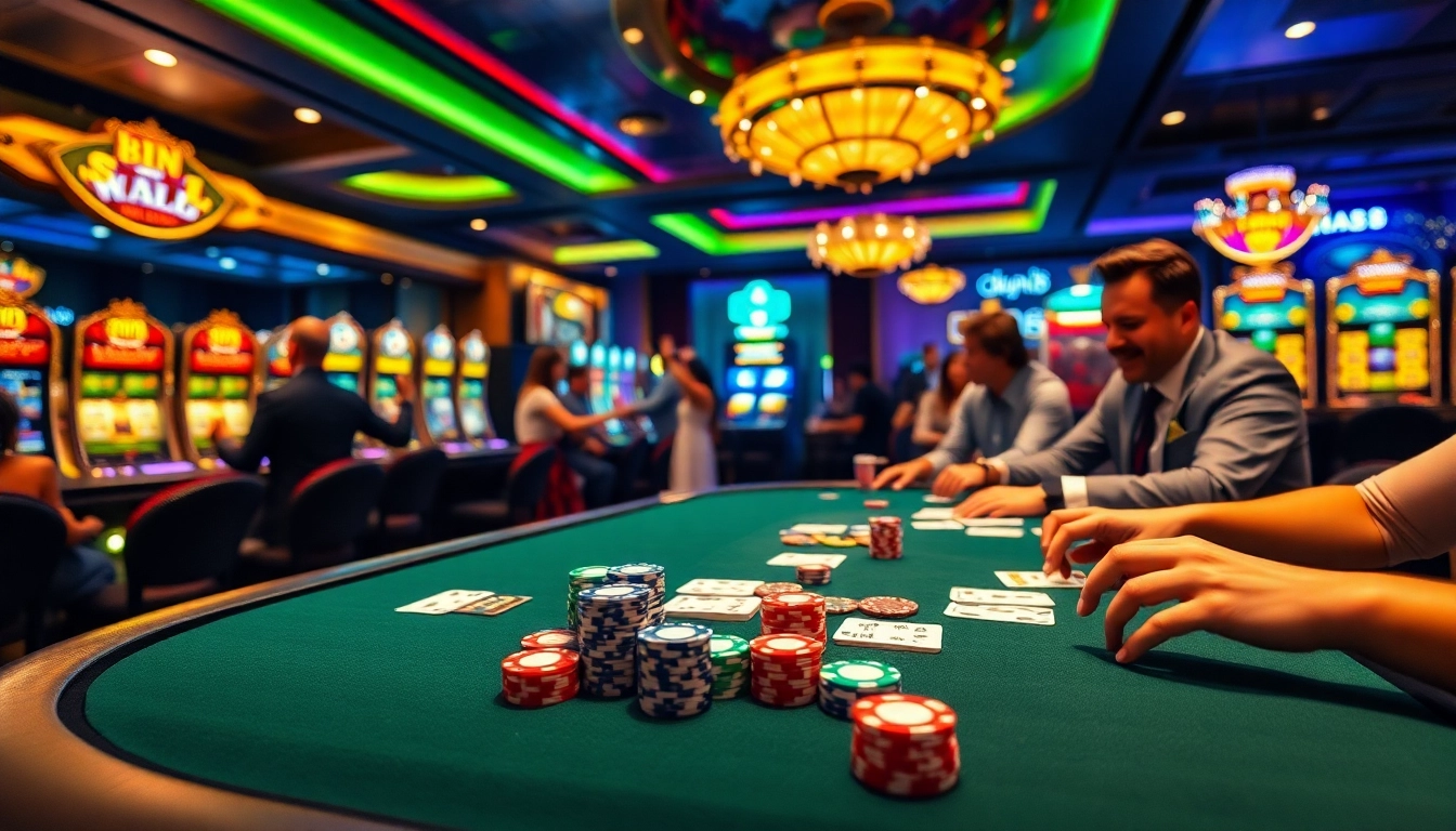 Players enjoying an exhilarating poker game at da88 casino, surrounded by vibrant casino elements.