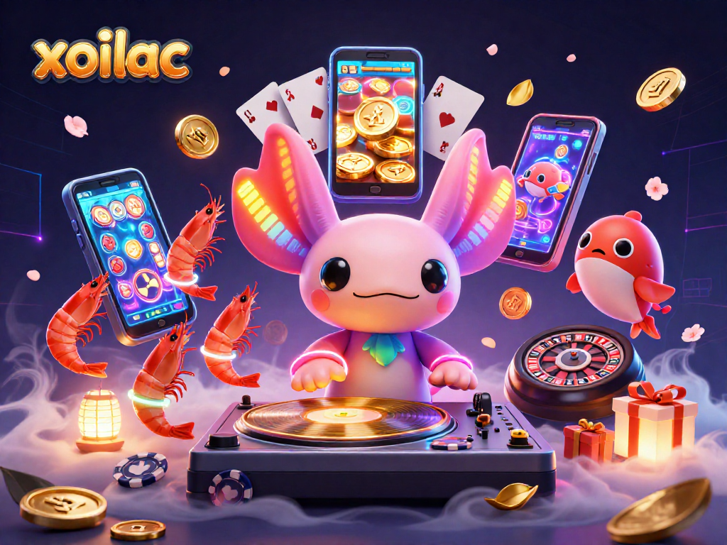 Spin to win with xoilac in this vibrant 3D casino illustration featuring a neon-themed DJ and lively aquatic friends.
