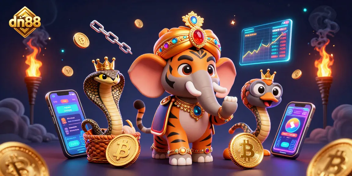 Experience the thrill of dn88 with a vibrant digital casino world featuring a maharaja and crypto elements.