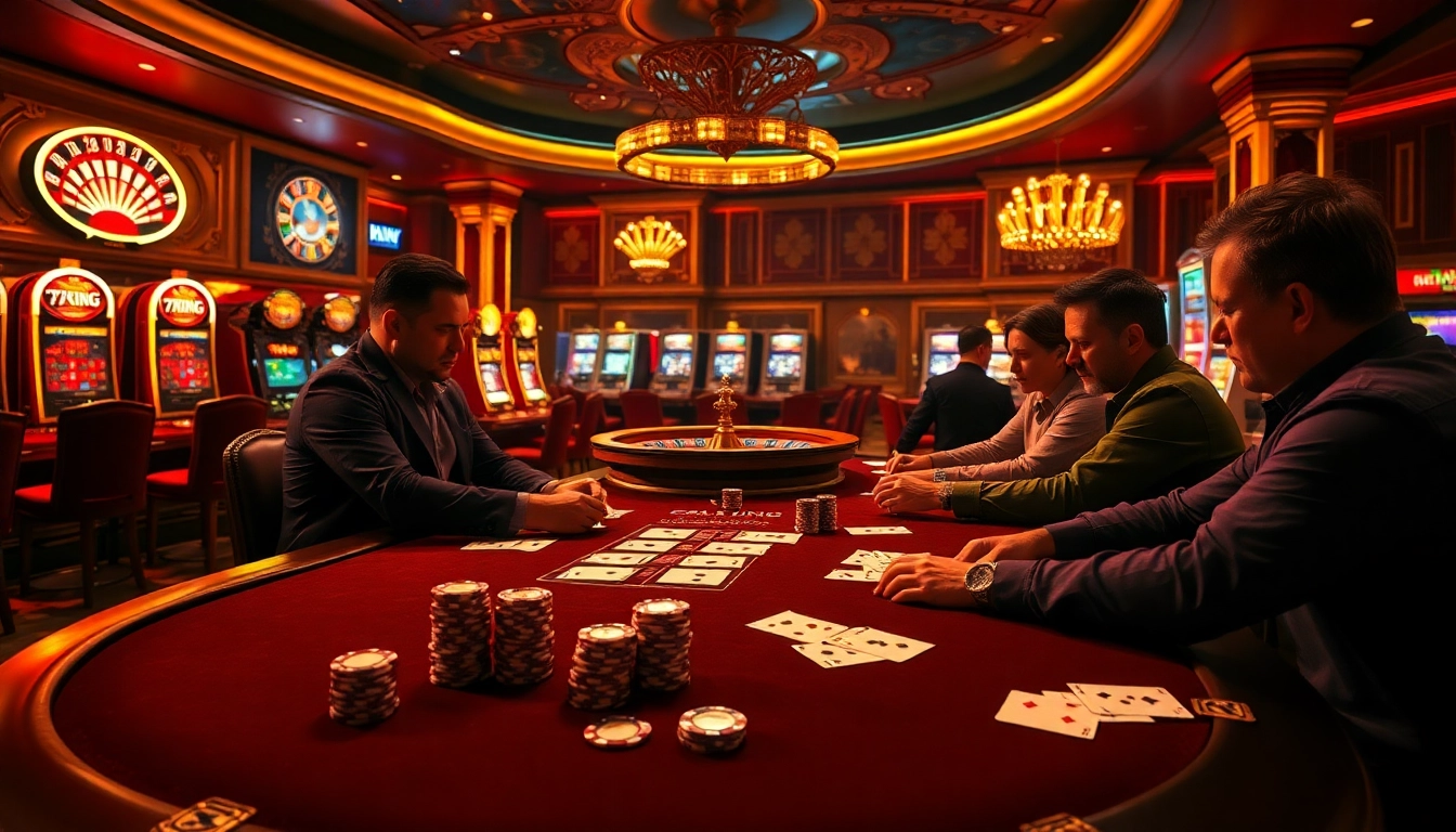 Excited players engaged in a high-stakes game at 79KING's luxurious casino tables.