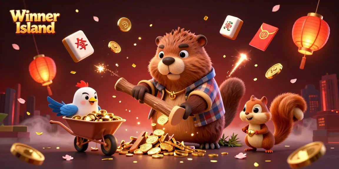 Join the fun at Winner Island, where a beaver, bird, and squirrel celebrate with casino-themed elements scattered about.