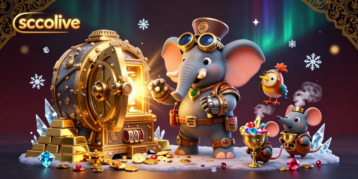 Socolive showcases a vibrant 3D illustration of a steampunk elephant engineer at a golden slot machine amidst treasures, celebrating gambling.