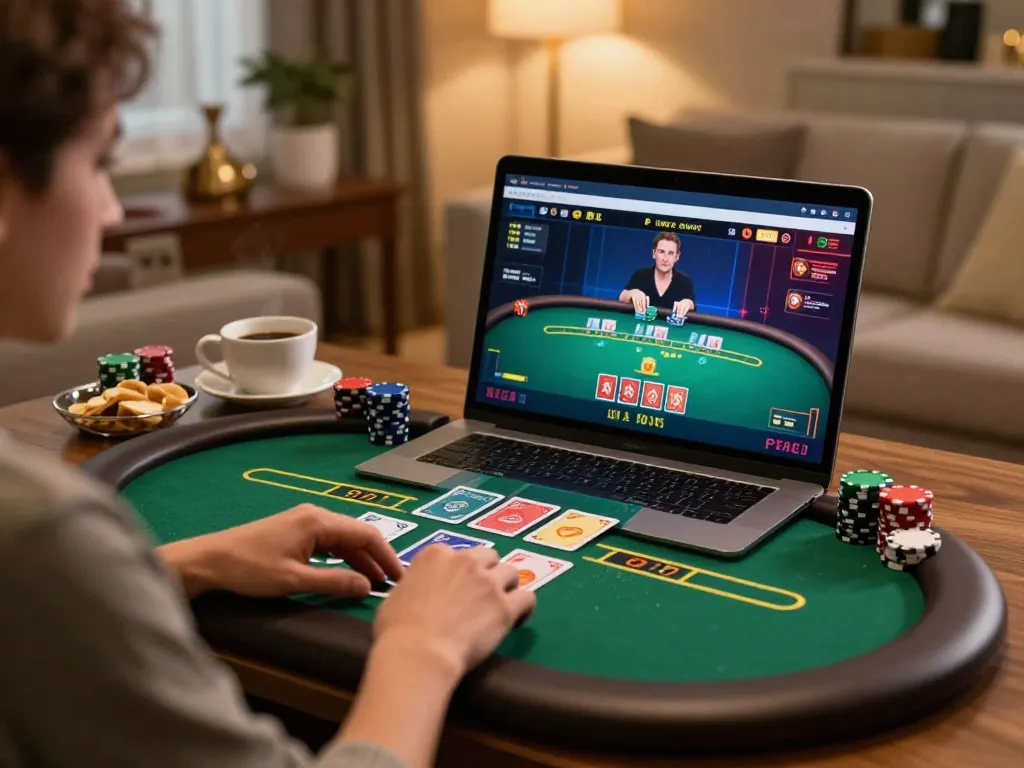 Engaging in strategic online poker gameplay featuring TX88 table setup in a cozy environment.