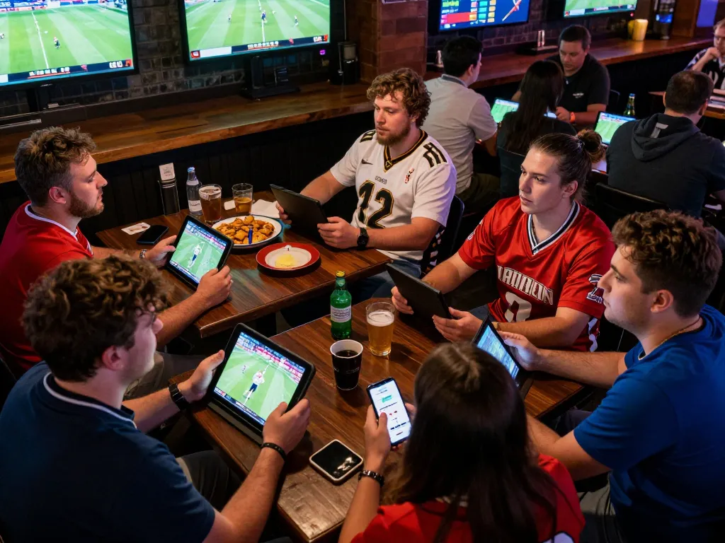 Engaged bettors analyzing ty le keo nha cai while enjoying a lively sports bar atmosphere