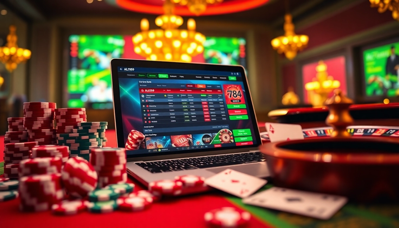 ALO789 online betting interface with poker chips and roulette wheel, showcasing excitement.