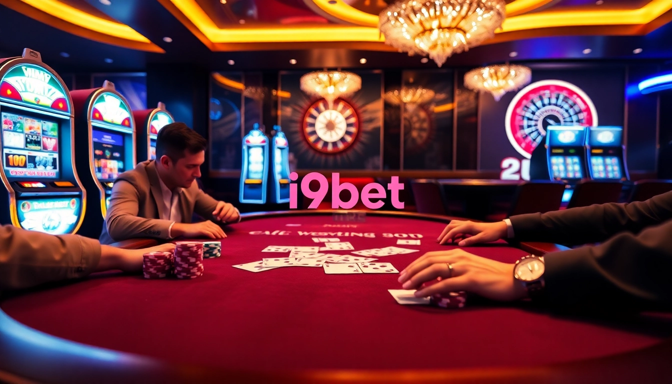 Exciting poker game scene featuring i9bet branding, vibrant chips, and professional players.