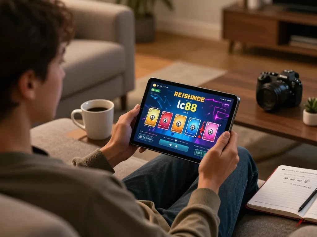 Person immersed in lc88 game on a tablet in a cozy home setting, showcasing responsible gaming.