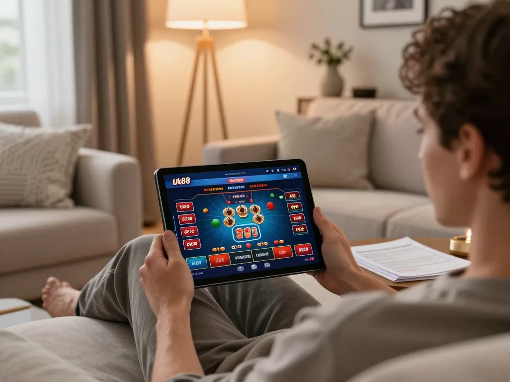 Player strategizing poker moves on Uk88 online casino app from a cozy home setting.