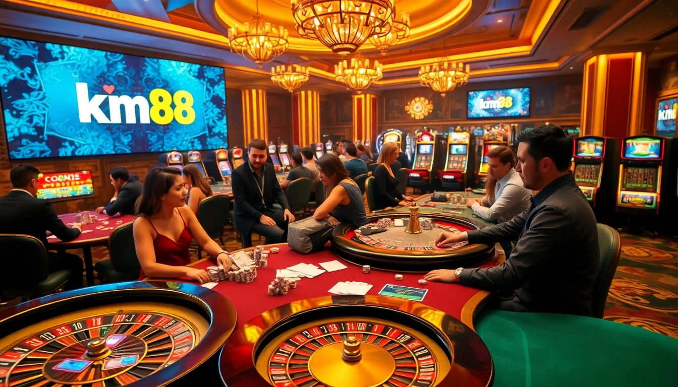 Players enjoying a dynamic km88 casino experience with poker, slots, and roulette.