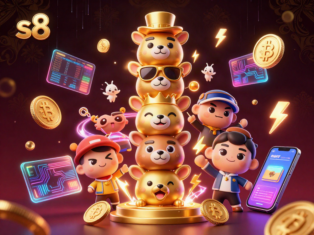 Engage with s8's vibrant casino universe featuring dynamic gaming elements and a whimsical golden totem.