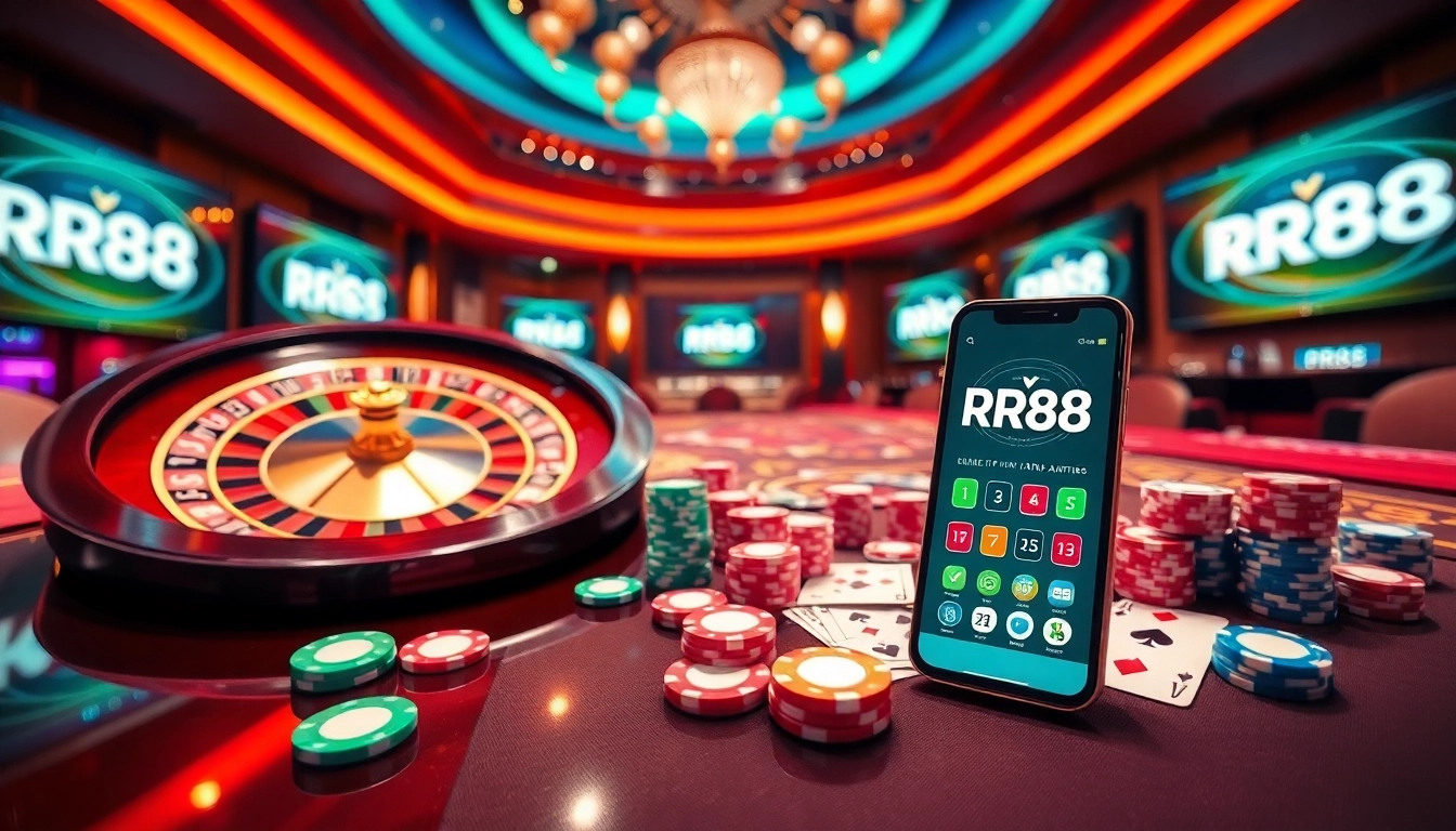 Experience excitement at RR88 with a vibrant casino setup featuring roulette and poker elements.