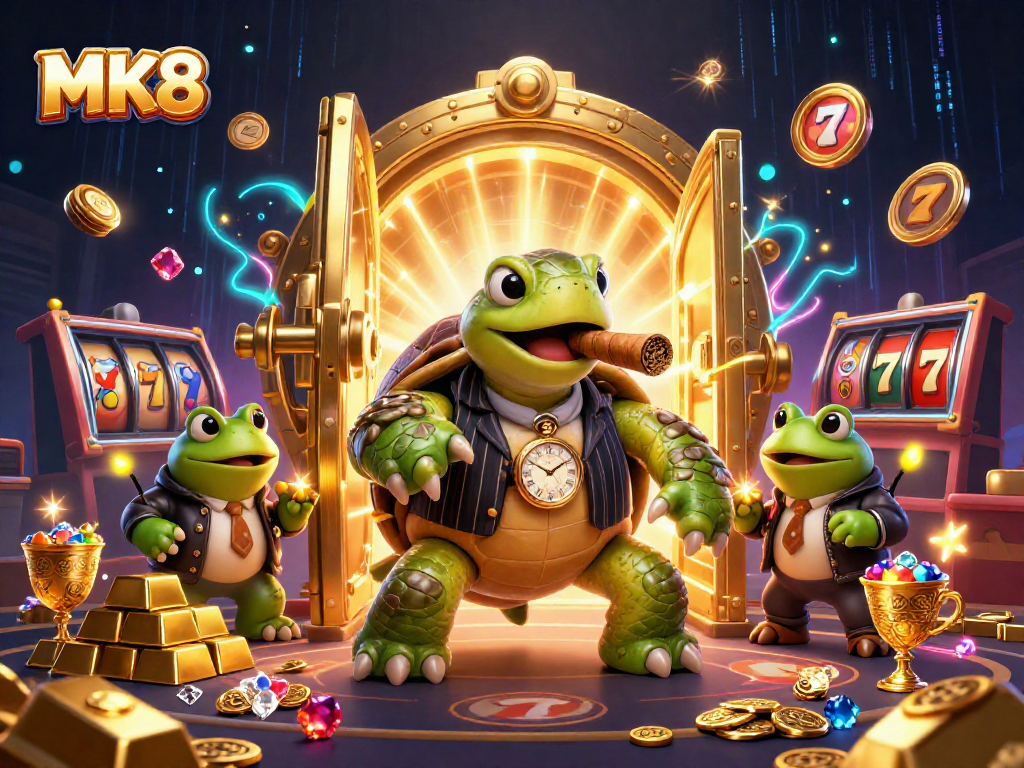 Engage with MK8's vibrant casino scene featuring a whimsical turtle and bullfrog enforcers amid golden treasures.