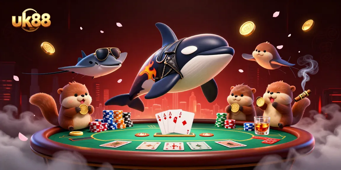 Engage in exciting games at UK88 with a vivid scene featuring orca, stingray, and otters among vibrant poker elements.