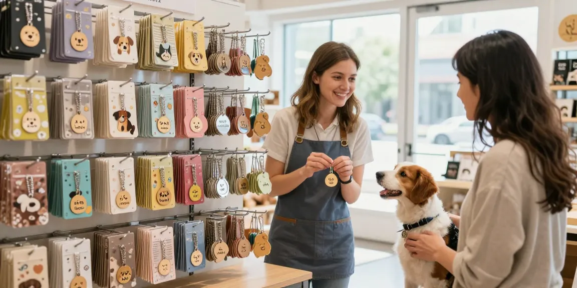 Gepersonaliseerde hondenpenning gegraveerd in een gezellige dierenwinkel met een klant en een hond.