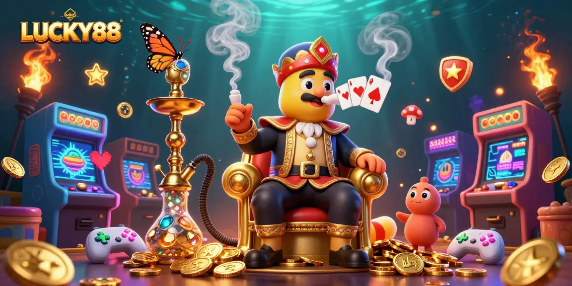 LUCKY88 showcases a vibrant gambling scene with a hookah-master and casino elements.