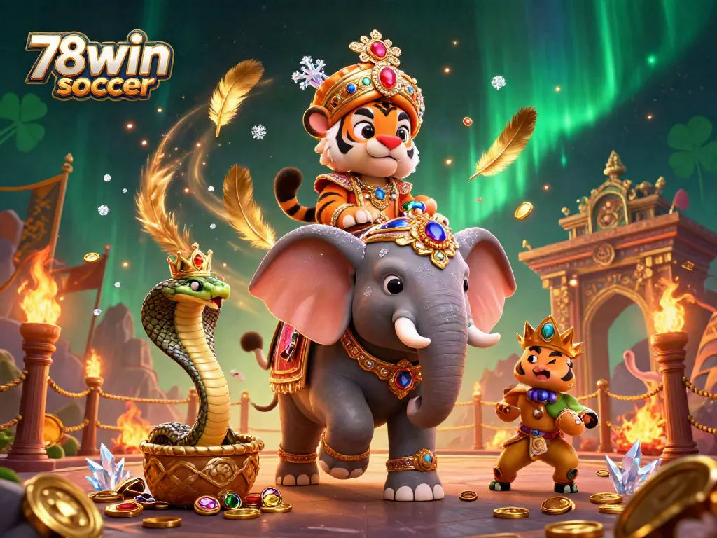 Experience the vibrant world of 78win soccer with a colorful 3D scene showcasing a majestic maharaja tiger and jewel-encrusted elephant amidst gambling elements.