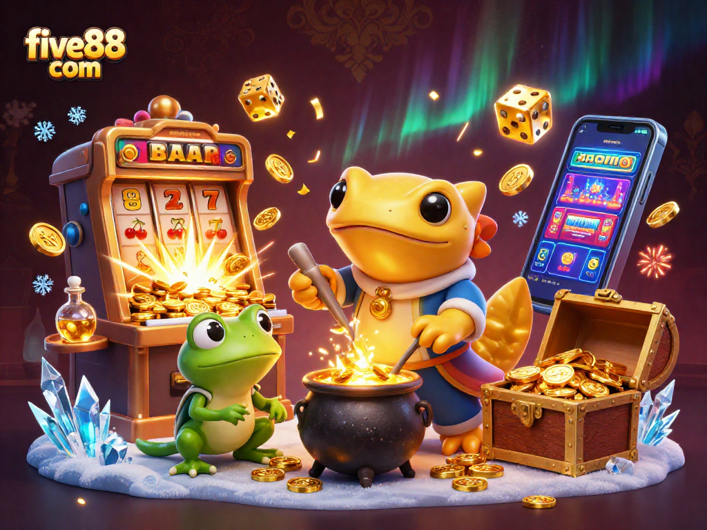 Enjoy a thrilling jackpot at five88 com with an alchemist turning metals into coins and casino elements bursting with gold.