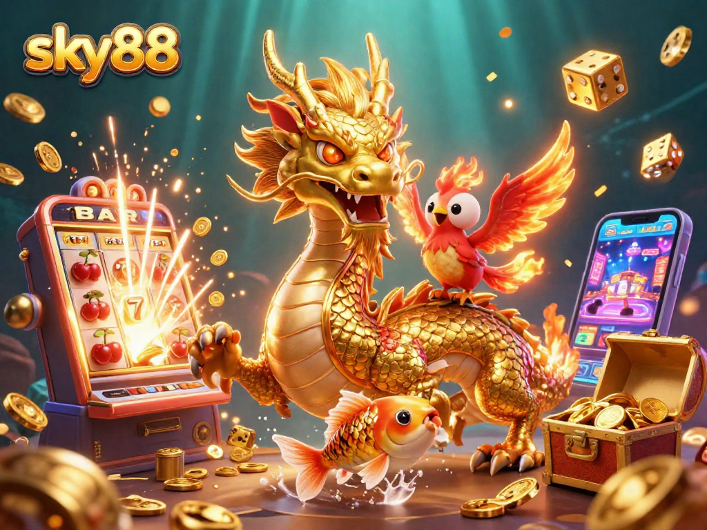 Experience thrilling wins with sky88's vibrant 3D casino illustration featuring exciting gaming elements.
