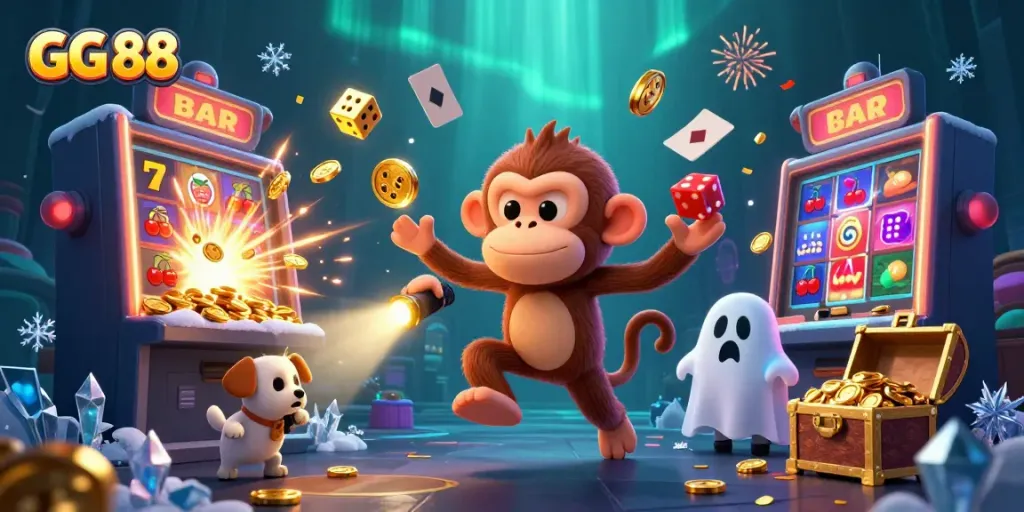 Experience the excitement of GG 88 with a mischievous poltergeist monkey and a curious puppy in a vibrant casino scene.