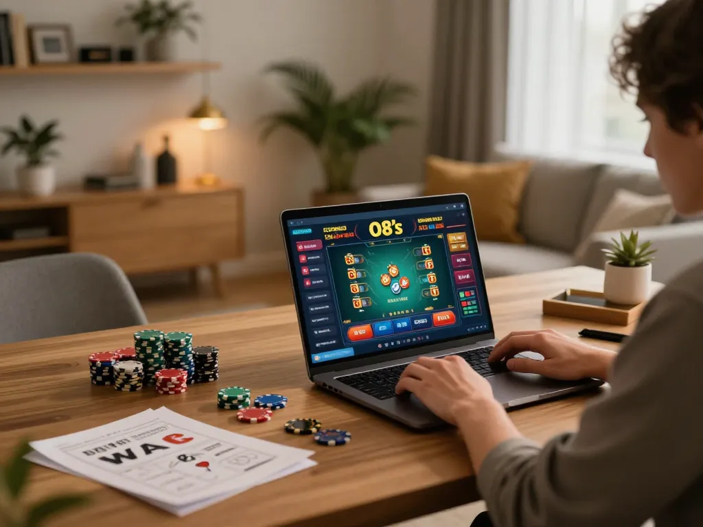 Person enjoying online gaming at home using O8’s platform with poker chips and strategy notes.