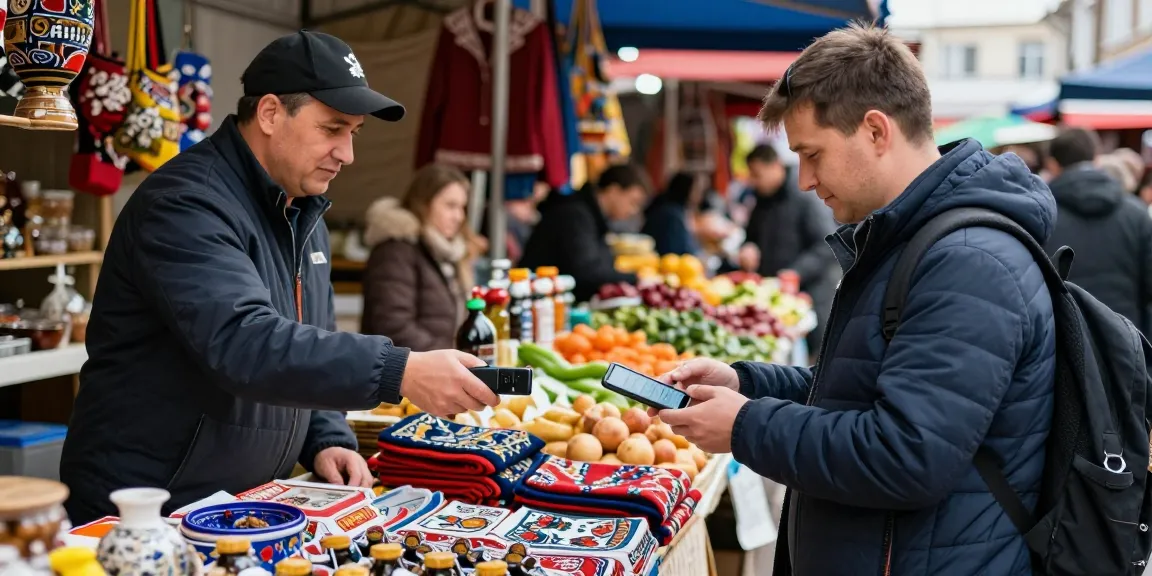 Een reiziger gebruikt https://payinrussia.com/ om betalingen te doen op een lokale Russische markt, omringd door levendige kramen met traditionele goederen.