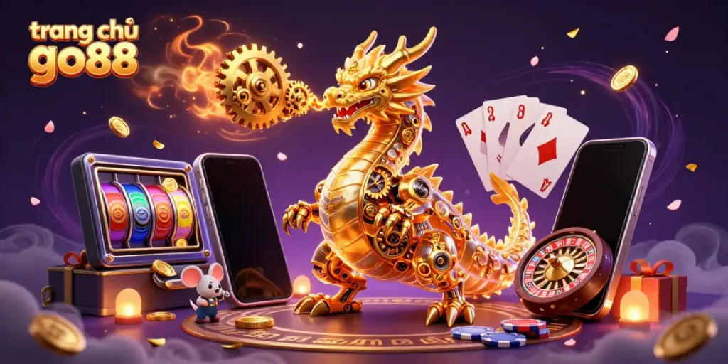 Experience the excitement of gaming at trang chủ go88 with a dynamic scene of a golden dragon and colorful slot games.