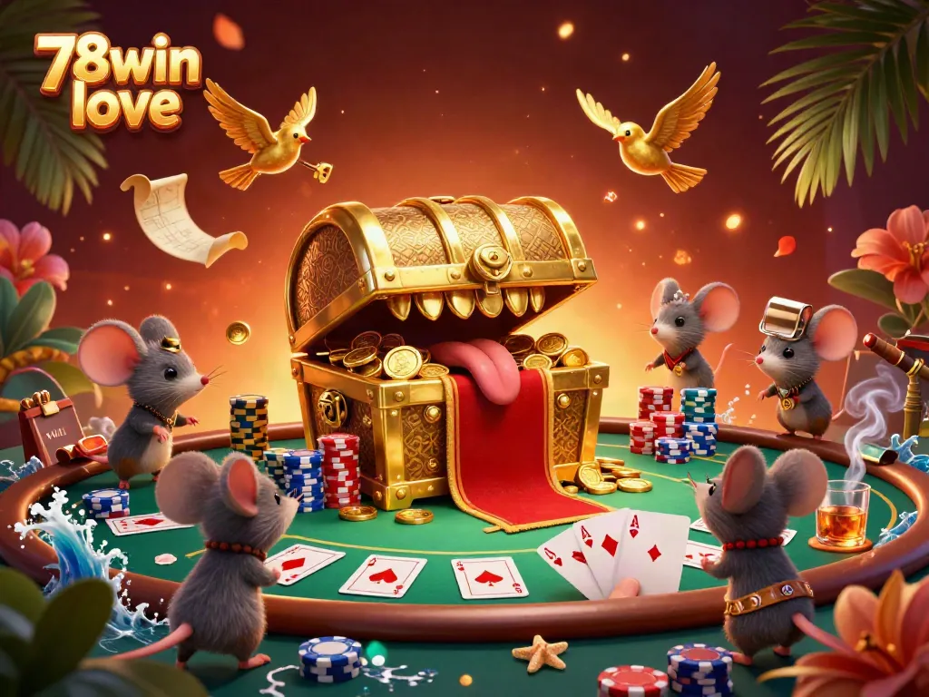 Engaging adventurer mice discovering treasures at 78win love in a vibrant casino scene.