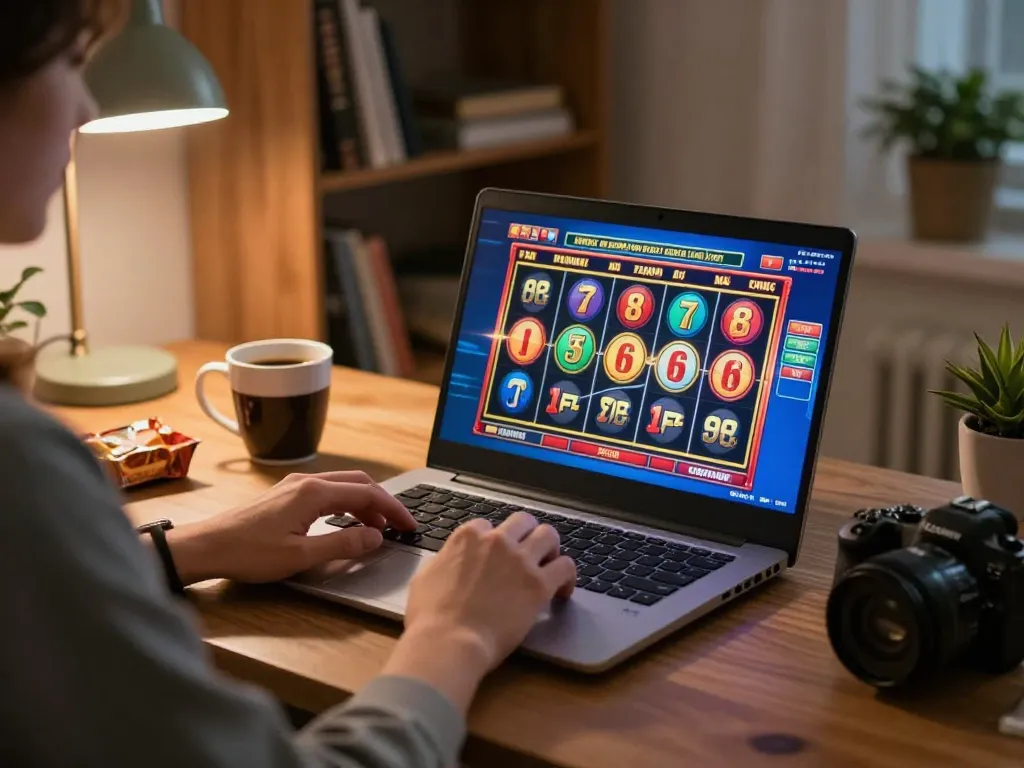 VIN88 player engaging with captivating online slots game interface at a cozy home setup