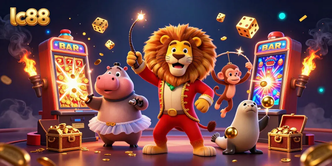 Experience big wins at lc88 with an exciting scene of a circus ringmaster and casino elements.