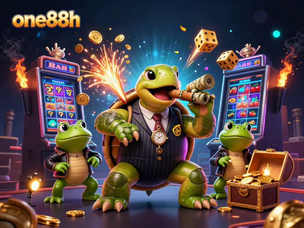 Win with one88h: Enjoy an action-packed scene featuring a turtle in a vintage suit and casino elements.