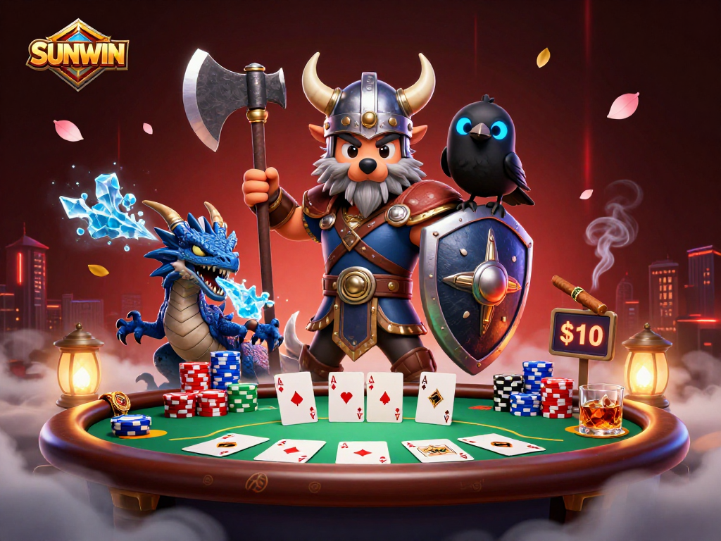SUNWIN showcases a vibrant 3D illustration of a Viking wolf warrior and dragon amidst a dynamic poker scene.