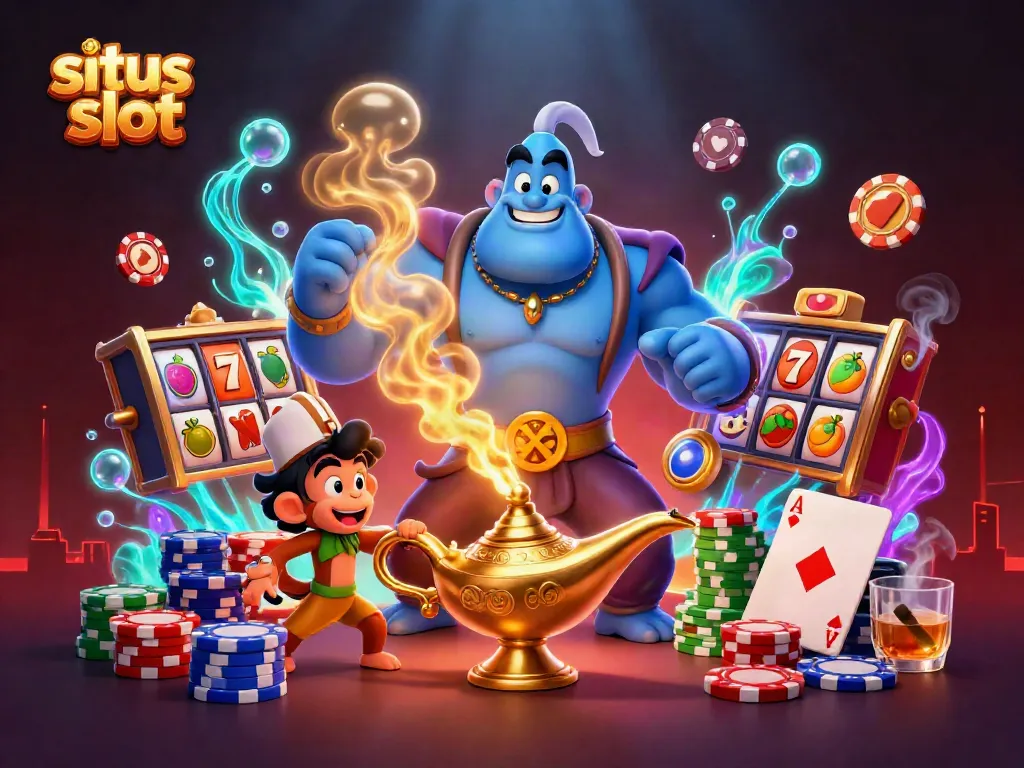 Engage with the vibrant situs slot world featuring a genie, monkey, and poker elements.