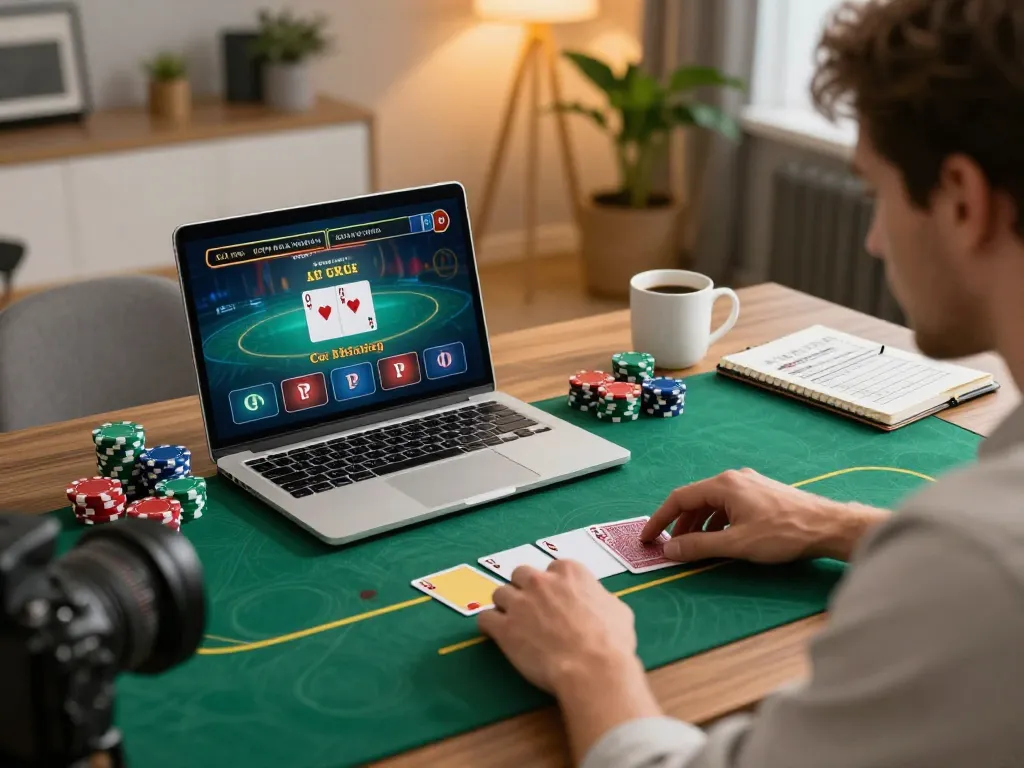 MAX88 player strategizing online poker at home with chips and betting notes.