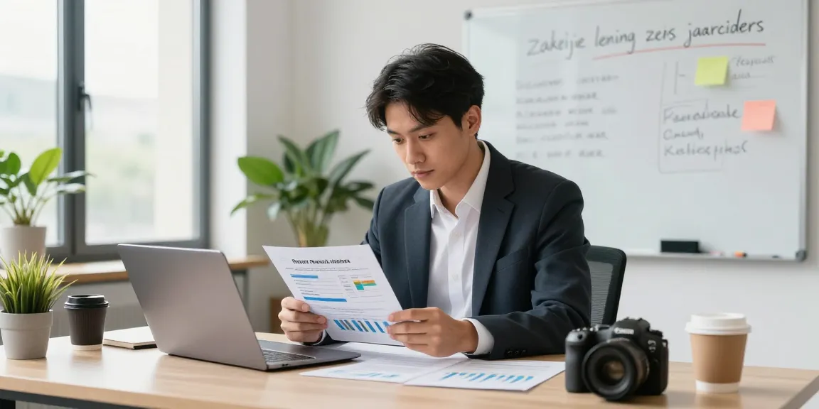 Zakelijke lening zonder jaarcijfers: ondernemer bekijkt financieringsopties en documenten in moderne kantooromgeving.