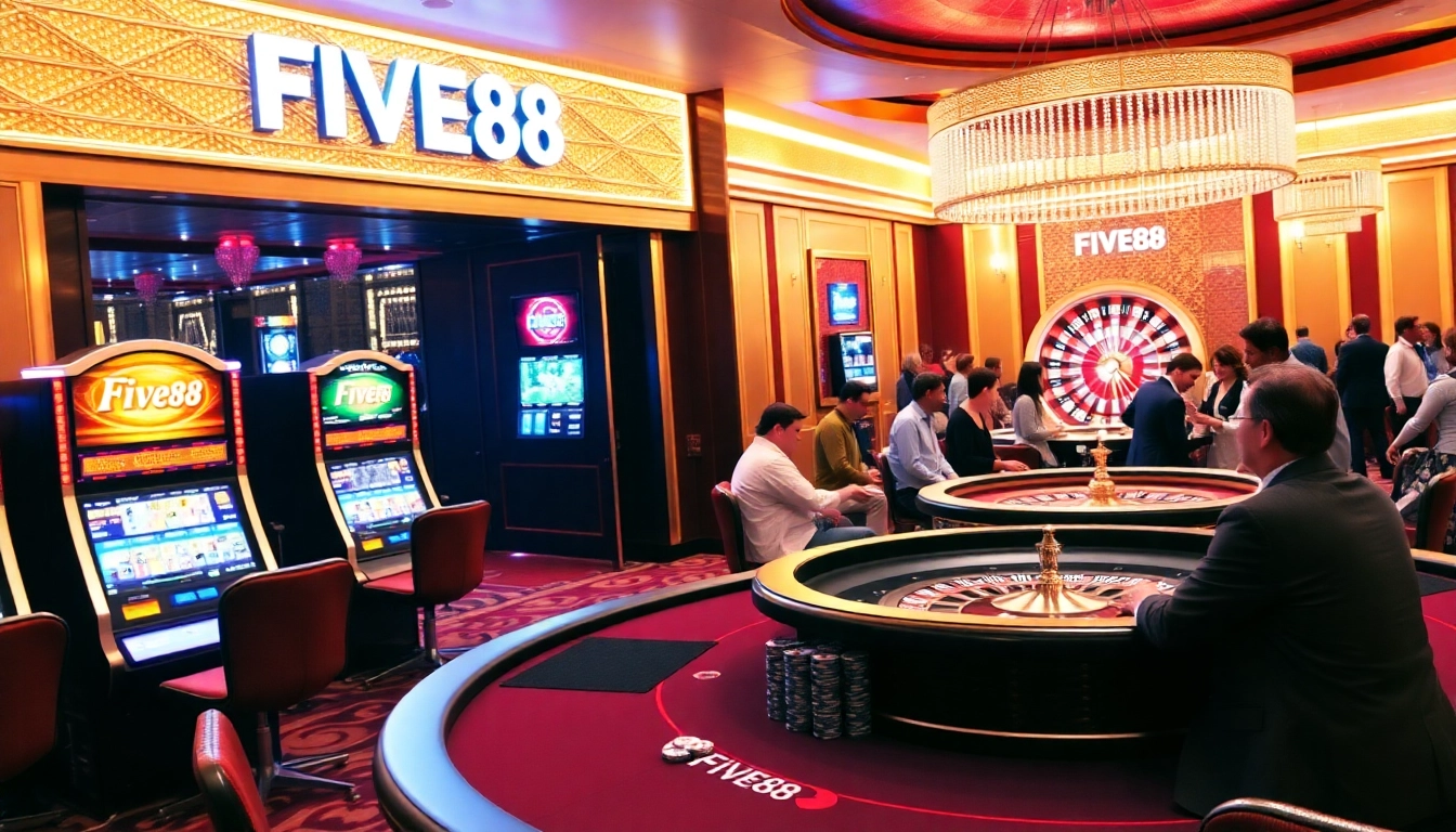 Experience high-stakes thrills at FIVE88 with vibrant tables and luxurious casino design.