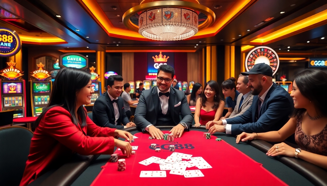 GG88 lively casino scene showcasing gaming tables, roulette wheel, and excited players.