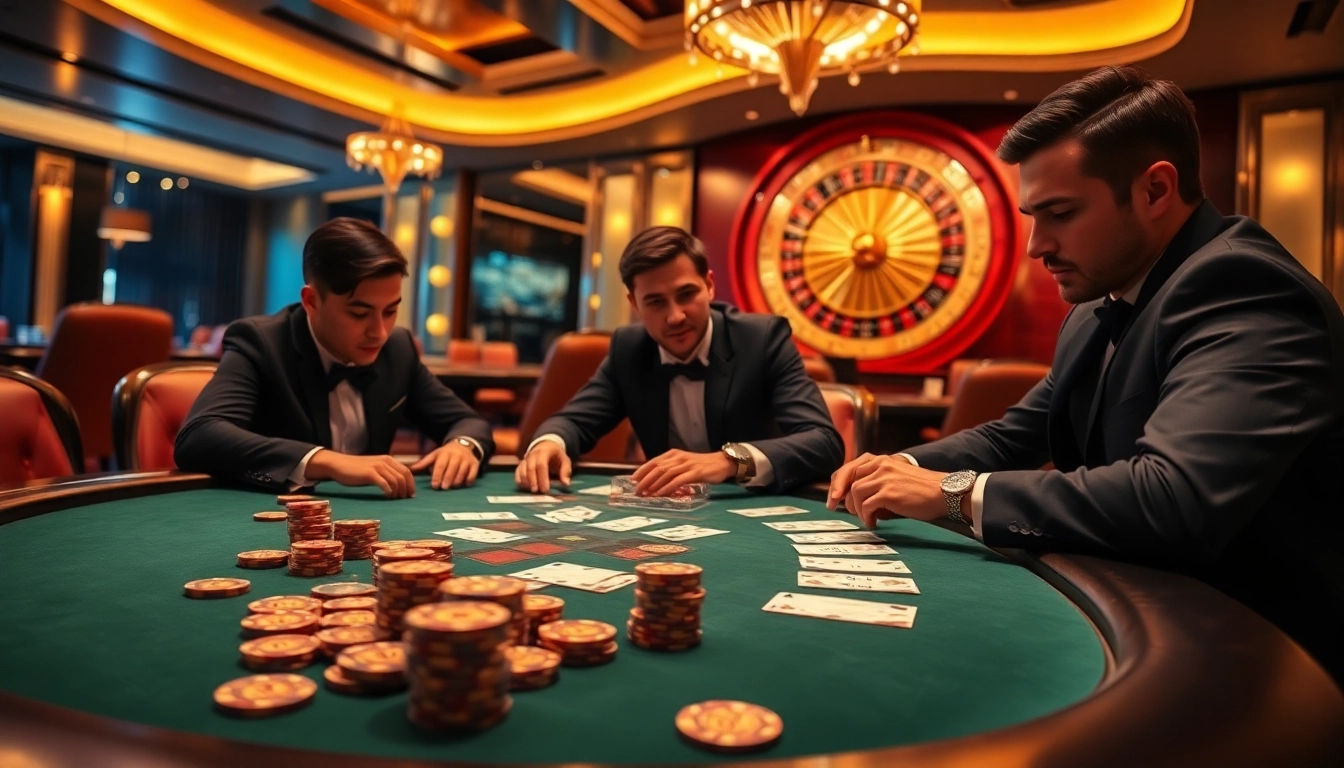 Players strategizing at a high-stakes poker table, capturing the excitement of gambling at https://du88i.com/.