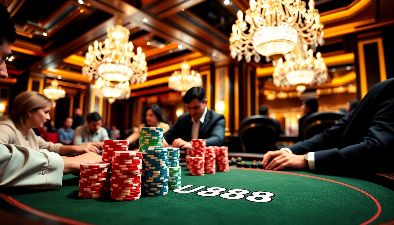 Players engaging in high-stakes poker at U 888 casino, with vibrant chips and cards.